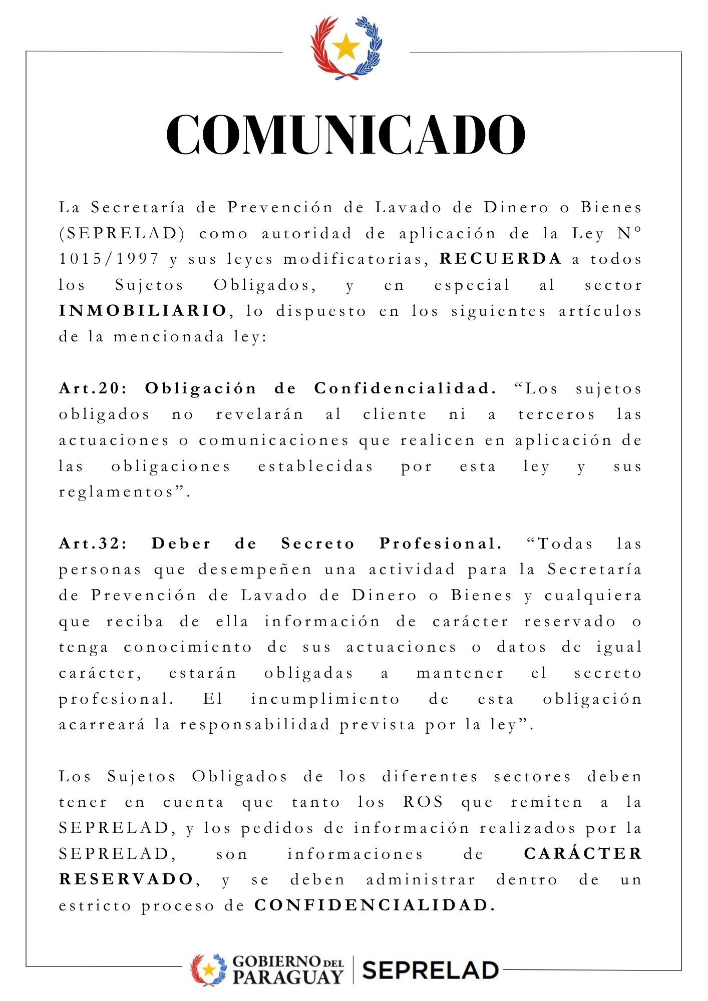 COMUNICADO PARA LOS SUJETOS OBLIGADOS EN ESPECIAL PARA EL SECTOR INMOBILIARIO