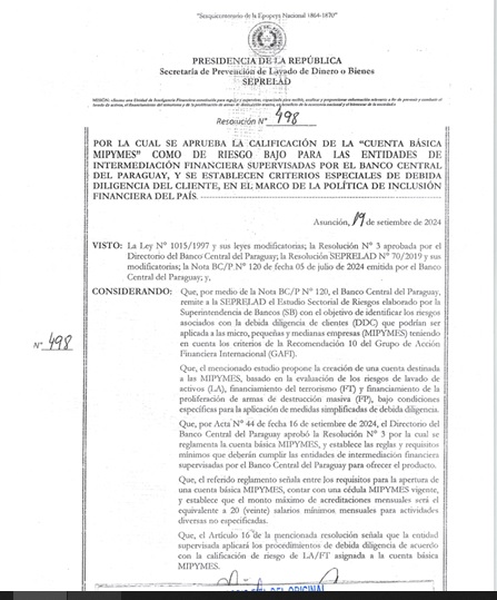 SEPRELAD aprueba la calificación de la Cuenta Básica MIPYMES como de riesgo bajo para los bancos y financieras supervisados por el Banco Central del Paraguay