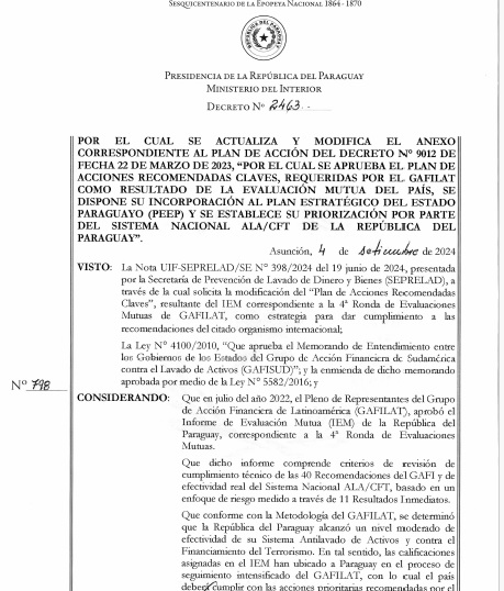 Paraguay emite actualización del Plan de acción para dar cumplimiento a las recomendaciones del GAFILAT