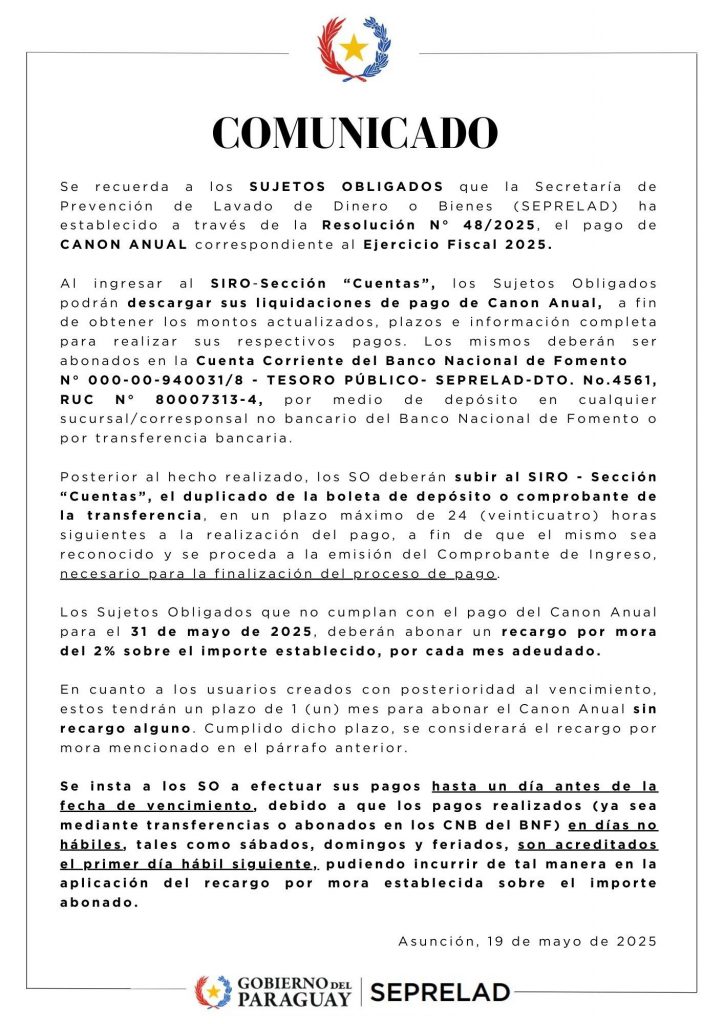LA SEPRELAD RECUERDA A LOS SUJETOS OBLIGADOS EL PAGO DE CANON ANUAL